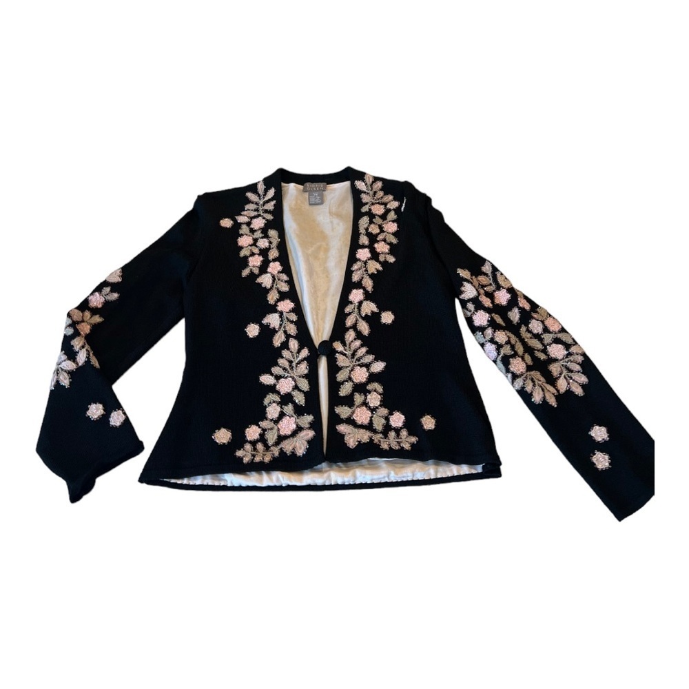 Sigrid Olsen Beaded Floral Pink Black HeavyKnit Cardigan Size SP Vintage’02 - Picture 1 of 16